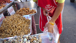 Trh na ulici, vejce. Venku je okolo 30 nad nulou
